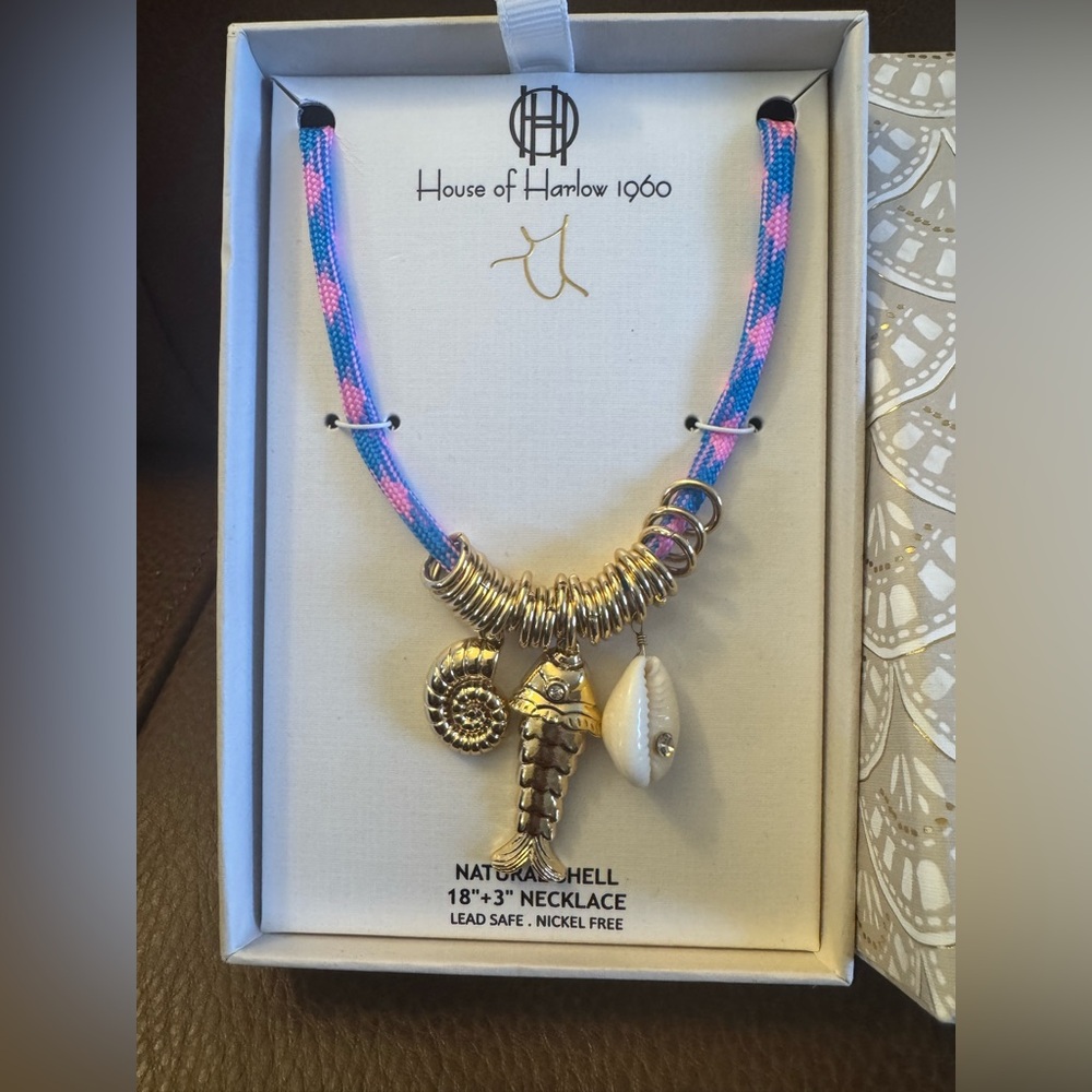 NIB House of Harlow 1960 natural shell and gold tone charm necklace